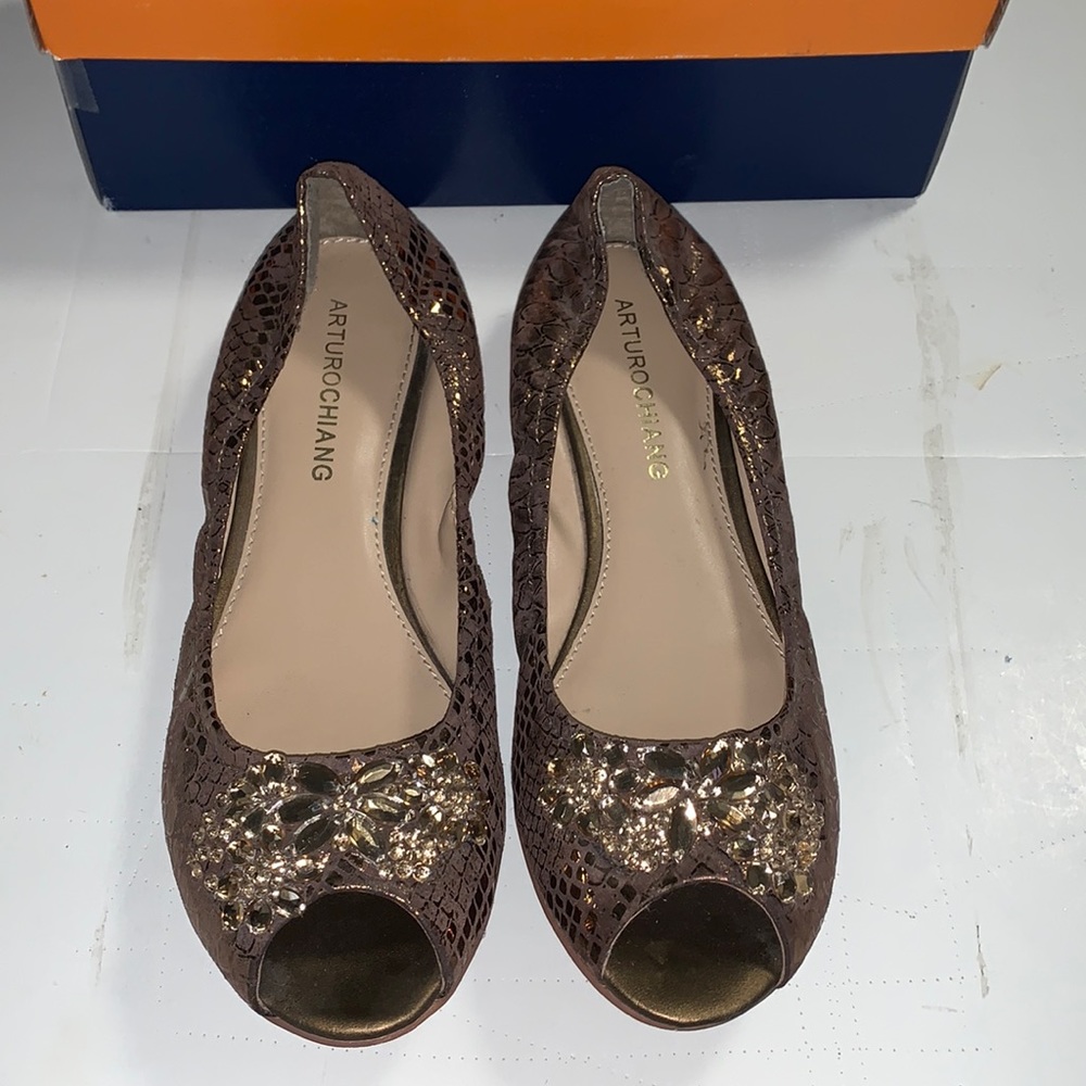 Arturo Chiang Jeweled Peep Toe Flats.